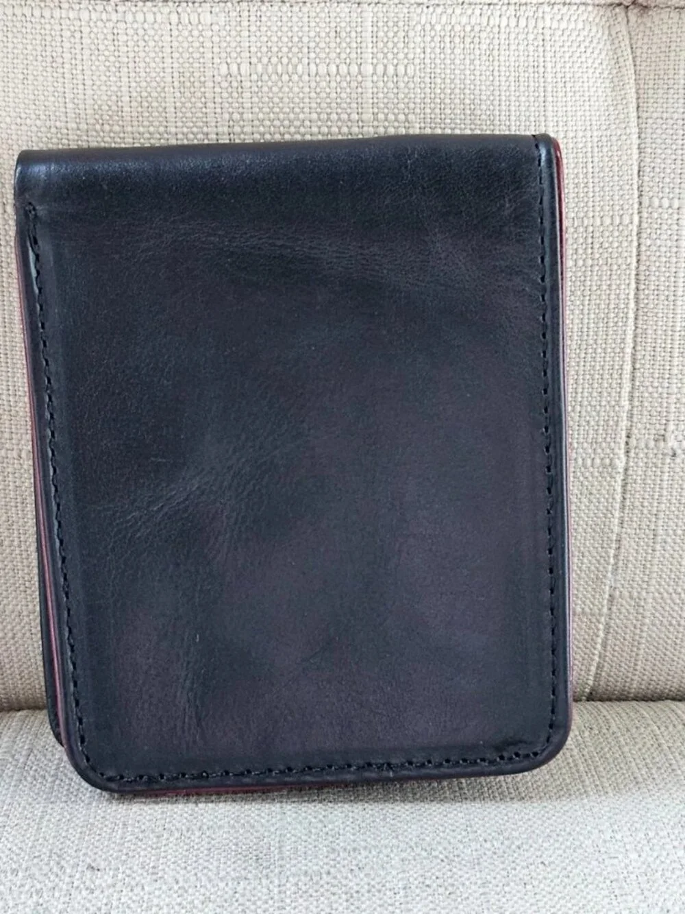 Black Leather Bifold Wallet with Red Trim Billfold Genuine Leather Handmade New